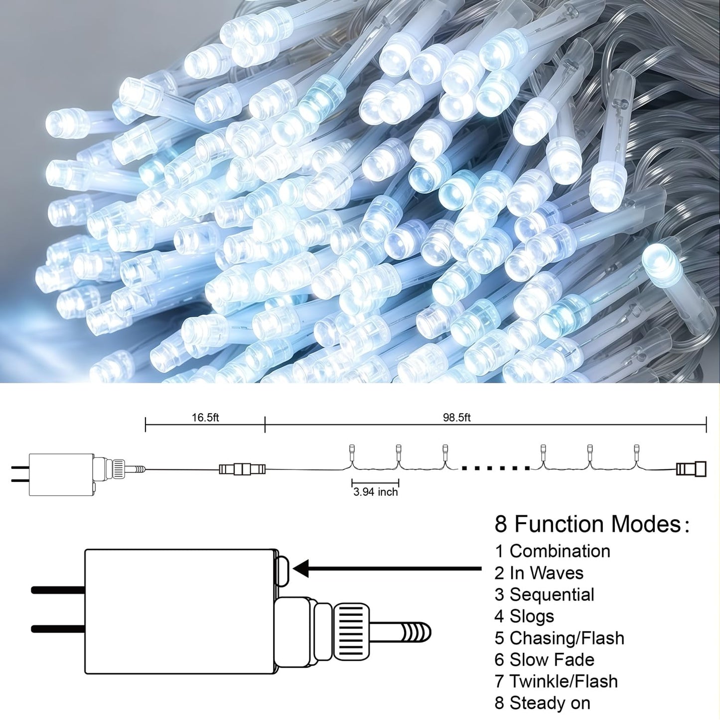 LJLNION 300 LED String Lights Outdoor Indoor, Extra Long 98.5FT Super Bright Christmas Lights, 8 Lighting Modes, Plug in Waterproof Fairy Lights for Holiday Wedding Party Bedroom Decorations ( White)