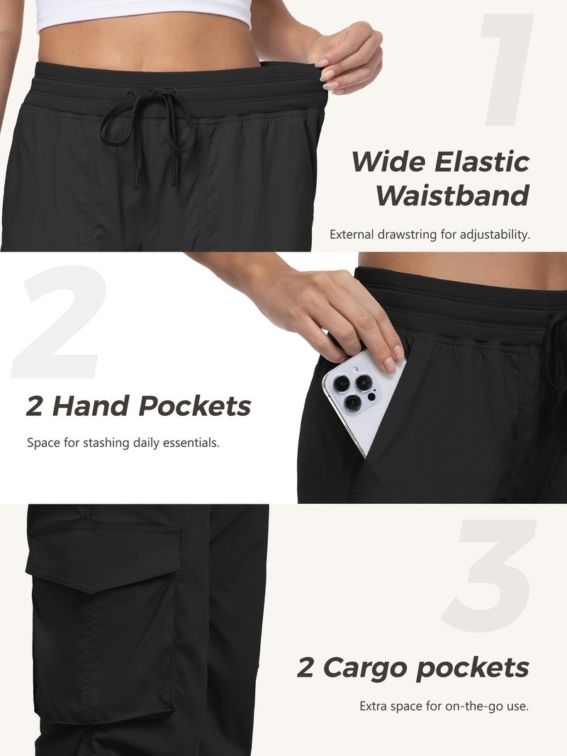 Tapata Petite Women's 28" Inseam Lightweight Cargo Dance Studio Pants Ruched Workout Athletic Casual Sweatpants, Black, M