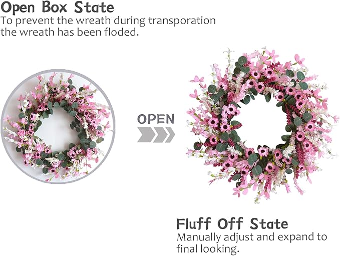 Idyllic 18 Inch Pink Daisy Wildflowers Spring Summer Wreath for Front Door, Pink Lavender Eucalyptus Leaves for Valentine Wedding, Faux Flower for Indoor and Outdoor