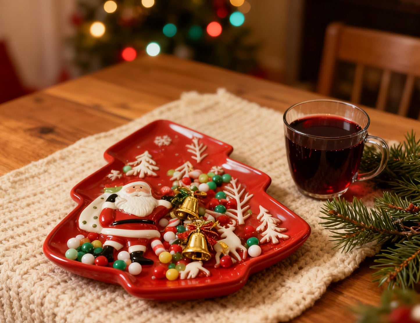 Loticy 10.3 Inches Christmas Tree Plates Chip & Dip Set, Red Xmas Ceramic Snack Plate, Santa Claus High Relief Porcelain Appetizer Dessert Fruit Salad Saucers Bowls, Cutlery Platter Serving Dishes