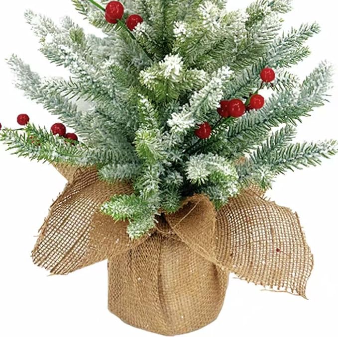 20 Inch Flocked Christmas Tree with Berry Picks - Snow Covered Artificial Tabletop Tree with Burlap Base, Mini Holiday Decor for Home Office Mantel Party