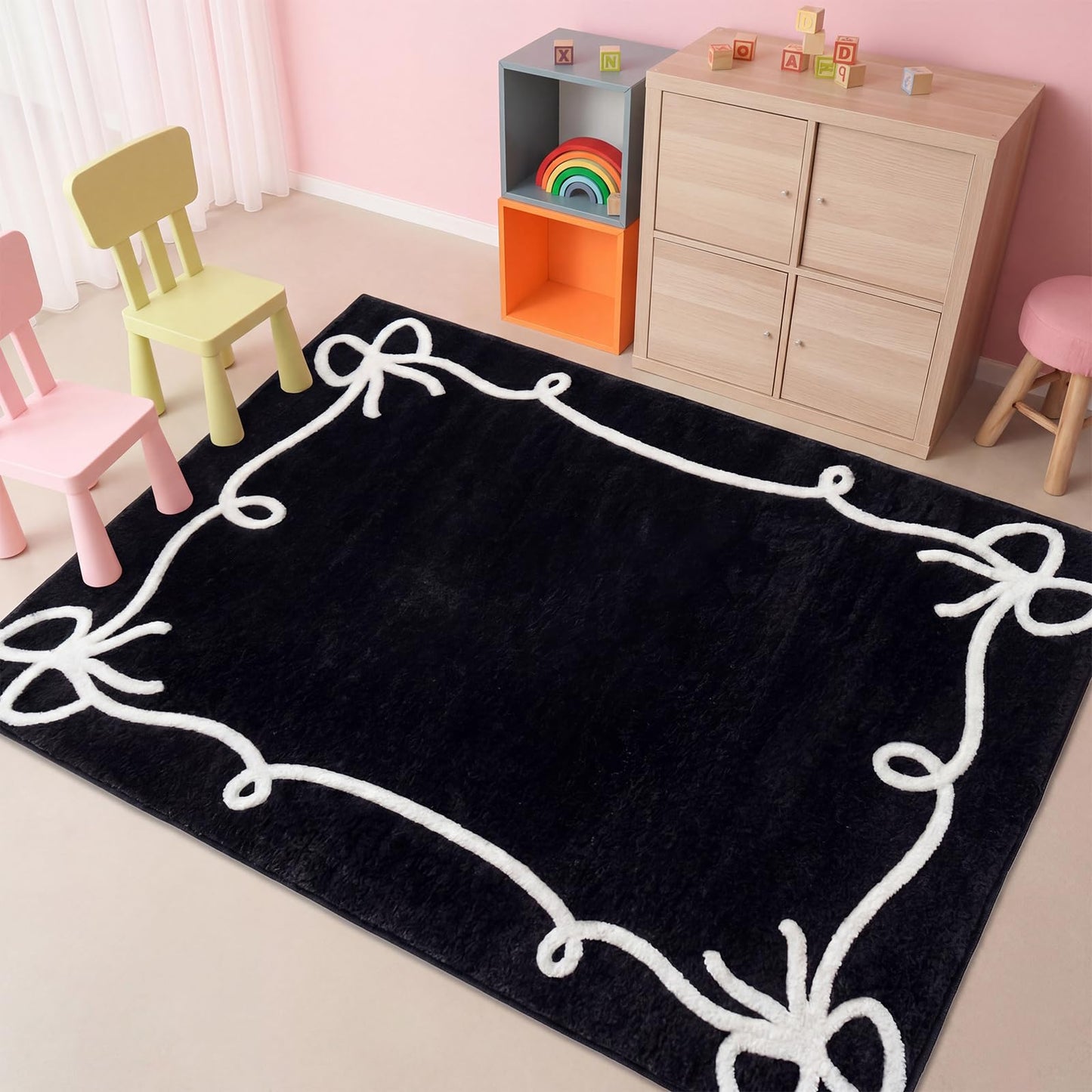 Dunzy Black Bow Classroom Rug 3.3 x 4 Ft Back to School Classroom Decor Soft Washable Bow Rug with Non Slip Backing for Teaching Playroom Reading Corner Library Supply