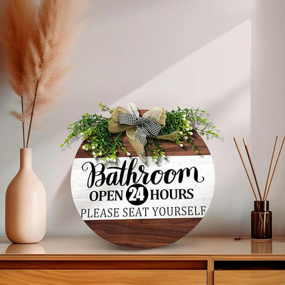 Bathroom Door Sign Bathroom Open 24 Hours Please Seat Yourself Hanging Sign With Wreath And Bow Rustic Farmhouse Round Wooden Front Door Sign for All The Seasons Bath Room Decor 12x12 Inch