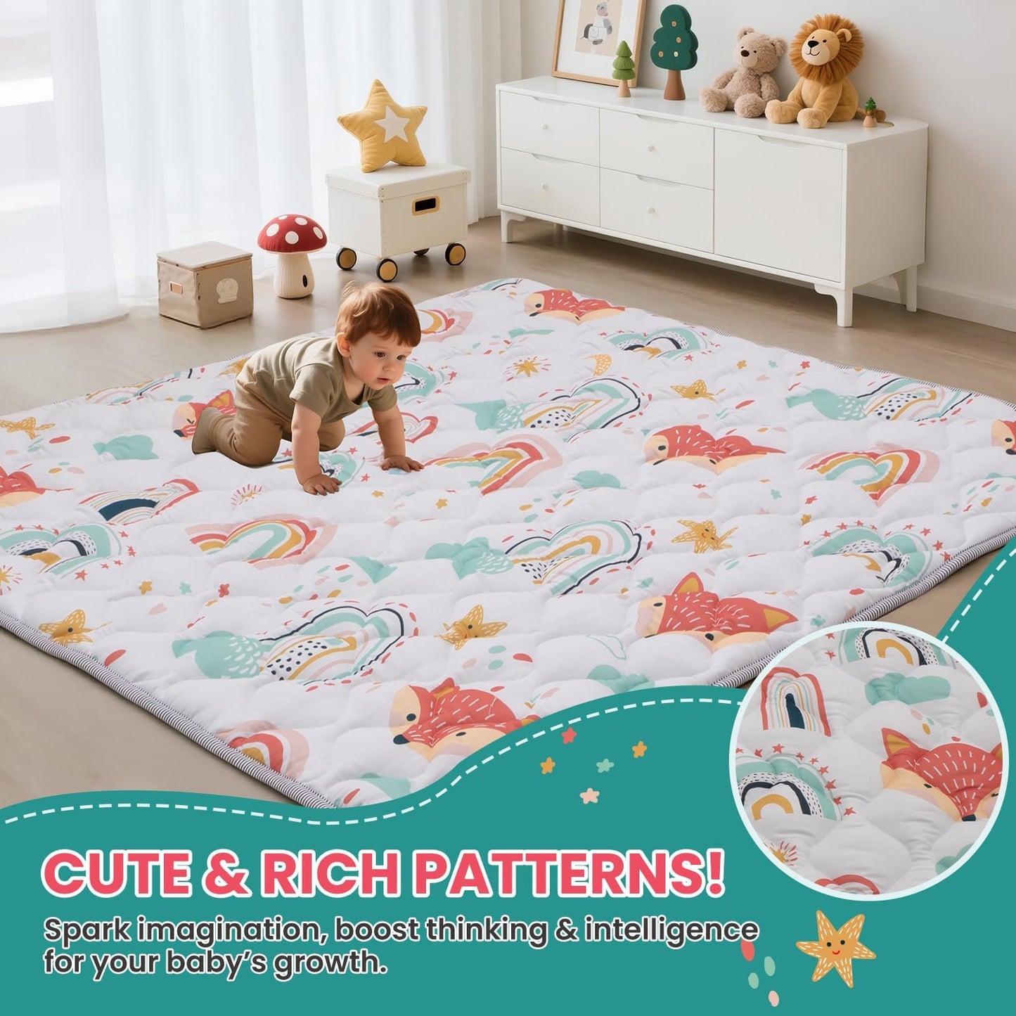 Duwenem Baby Play Mat for Floor,50x50 Inch Soft Padding Crawling Mat for Playpen, Foldable and Machine Washable, Thick for Babies & Toddlers,Rainbow Fox
