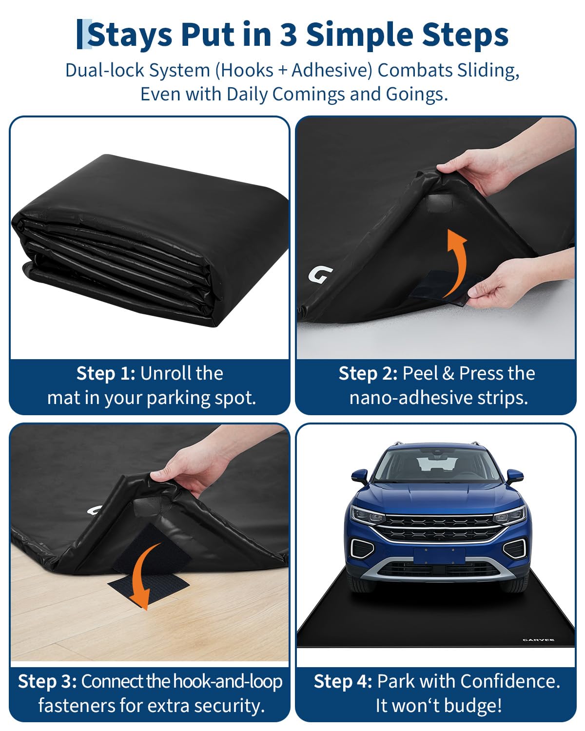 Garage Mat with Raised Edge, 1000D PVC Non-Slip Floor Protector for Cars Trucks SUVs, Snow Melt Containment Tray for Winter, Comes with Squeegee & 8 Attachment Straps, 4 Size Options (7.9x16 to 8.6x22