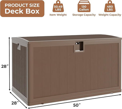 130 gal Brown Resin Deck Box, Outdoor Storage Box Waterproof Lockable, Patio Deck Box For Package Delivery, Outside Storage Box Container for Furniture Cushions, Garden Tools, Pool Accessories