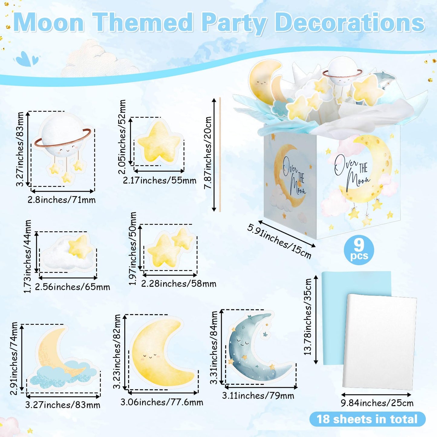 Spiareal 9 Set Moon Themed Party Decorations Moon Themed Table Centerpieces with Boxes Star Cloud Cutouts Toppers Wooden Sticks and Tissue Paper Baby Shower Gender Reveal Party Table Decor