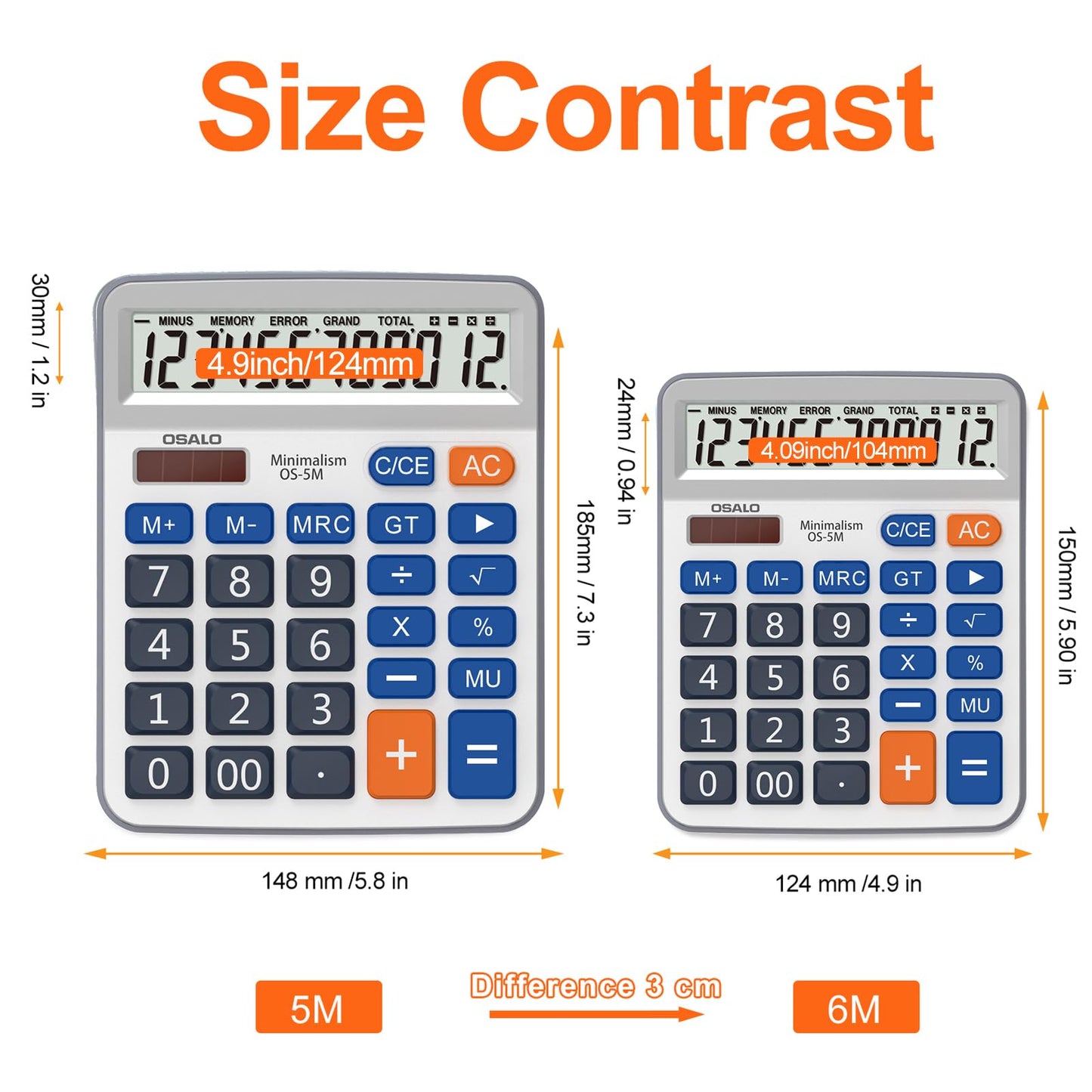 Desktop Calculator Large LCD Display 12 Digit Number Handheld Portable Pocket Basic Calculator with Big Soft Sensitive Button, Battery and Solar Powered, for Office Home School Use(OS-6M)