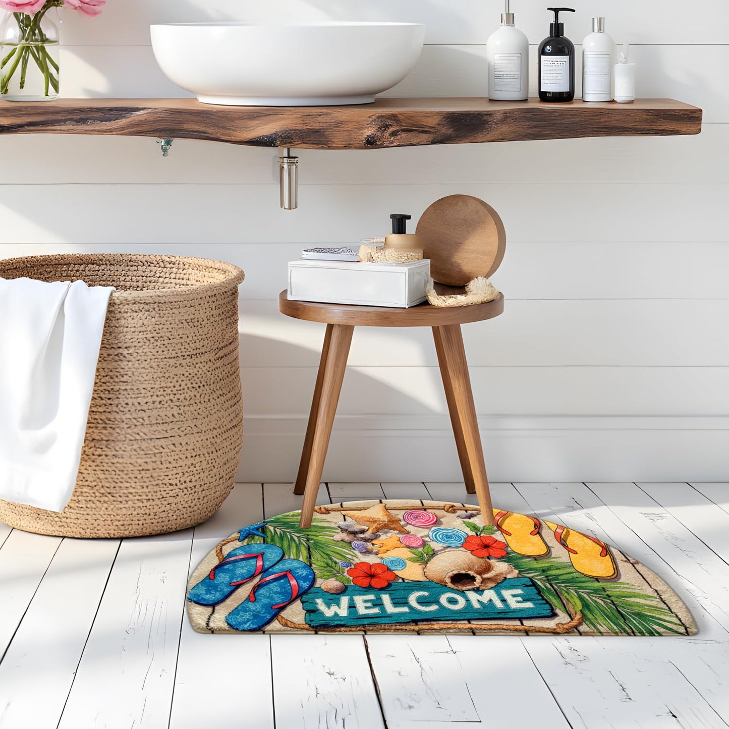 Soft Half Round Flip-Flops Bath Rug Doormat Outdoor Bathmat Non-Slip Bath Mats Funny Semi Circle Bathroom Door Mat Beach Welcome Rugs Decor Ocean Style Floor Mats (White)