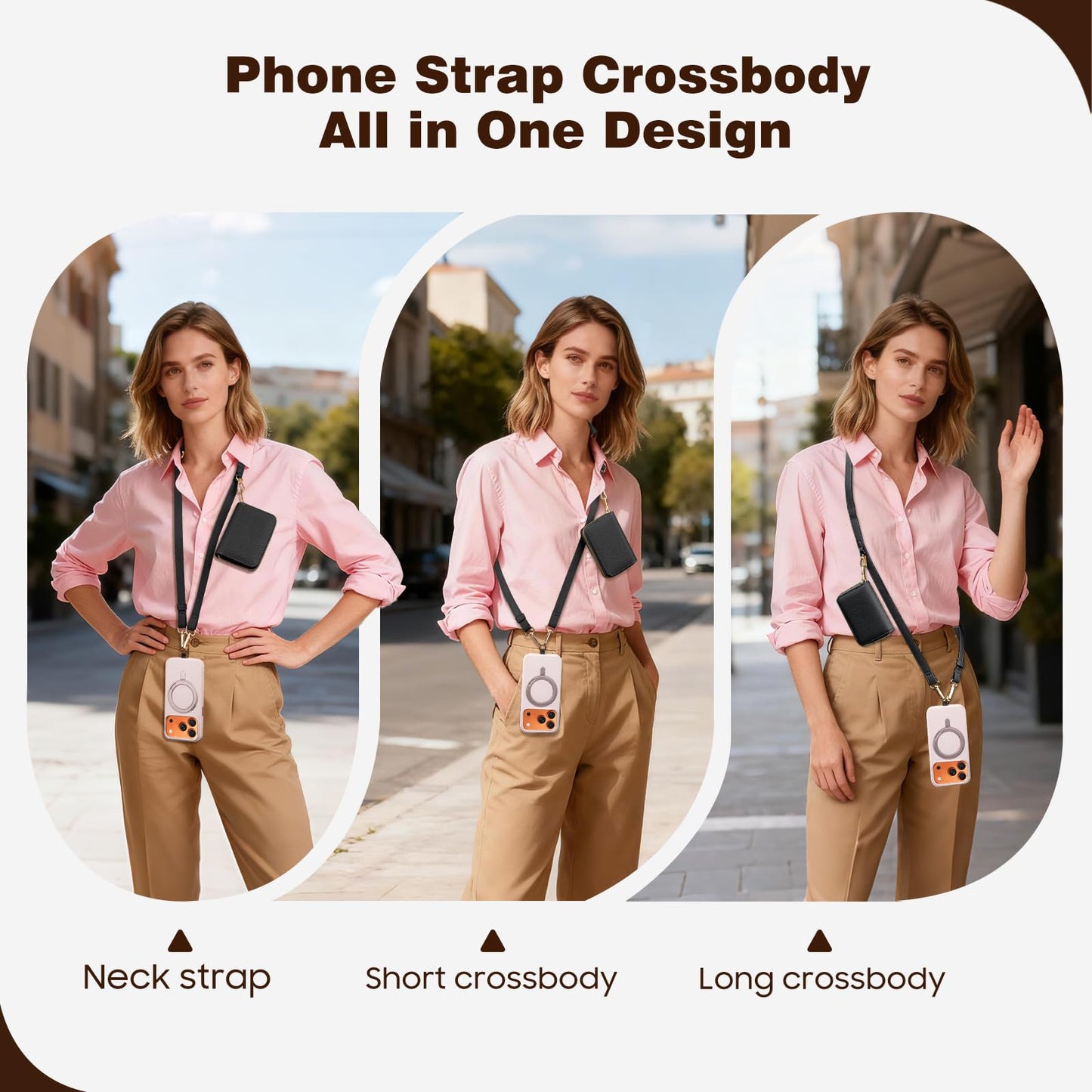 TiMOVO Phone Lanyard, Strap with Leather Wallet Pouch, Universal Crossbody Phone Lanyard Adjustable Neck Strap, Compatible with Most Smartphones, Black