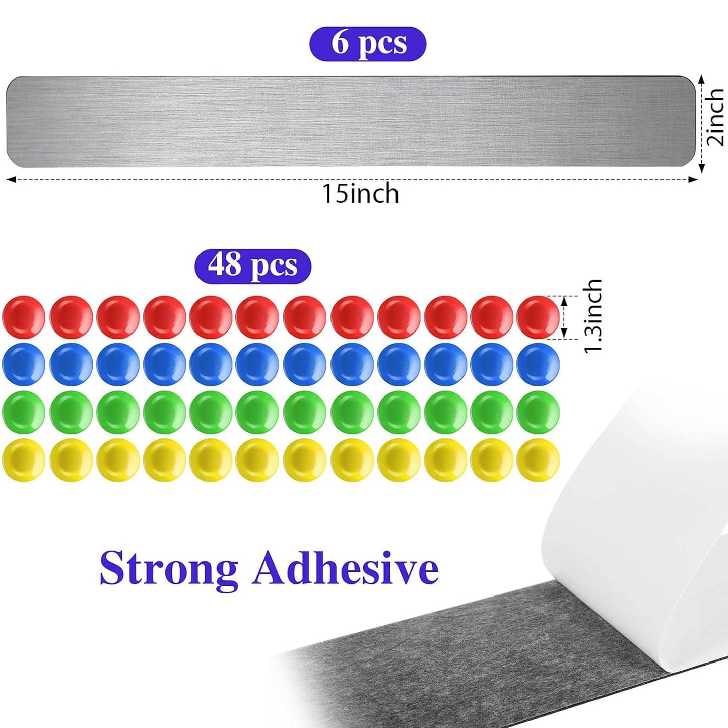 6 Pcs 15" x 2" Magnetic Display Board Souvenir Bulletin Board Strip Set with 48 Pcs Colorful Magnet for Office Home Wall Display Notes, Photos(Silver)