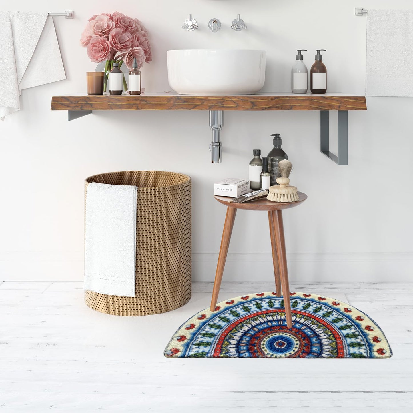 Mandala Half Round Mat Boho Semi Circle Rug Doormat Floral Bathmat Non-Slip Bathroom Rugs Floor Door Mats Half Moon Area Rug Bohemian Decor Semicircle Carpet (Blue)