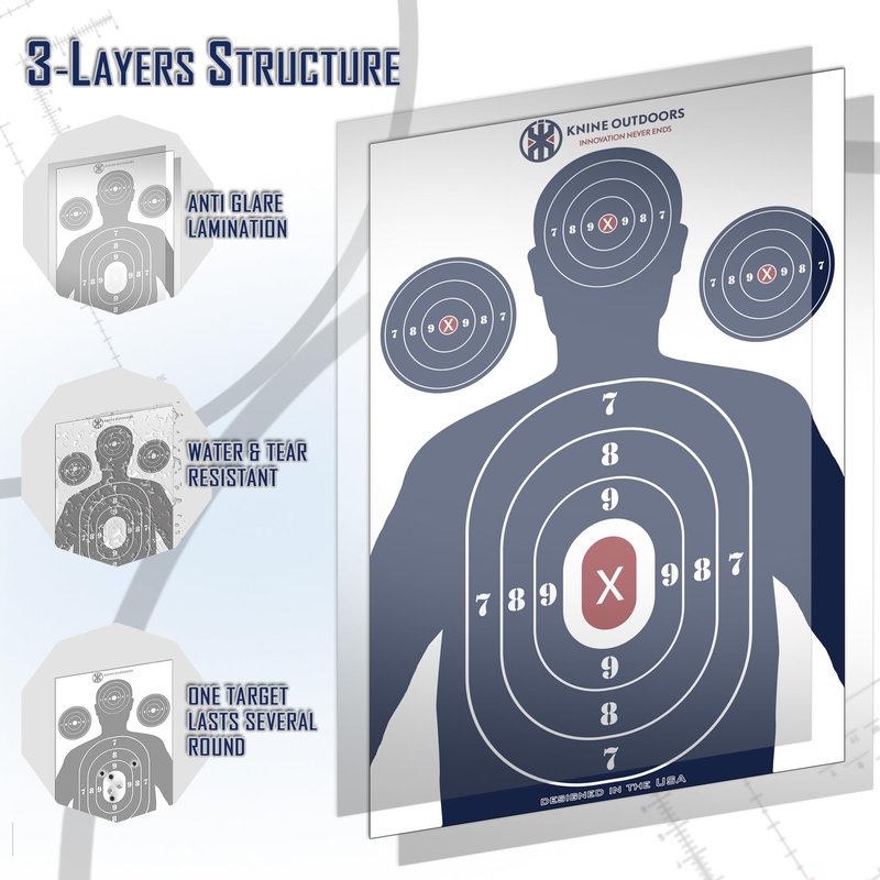KNINE OUTDOORS Shooting Targets Paper, 12 x18 inch, Bulk for Hunting, Handguns, Pistols, Rifles, Silhouette with Red Bullseye, Blue Design (50 Pack)