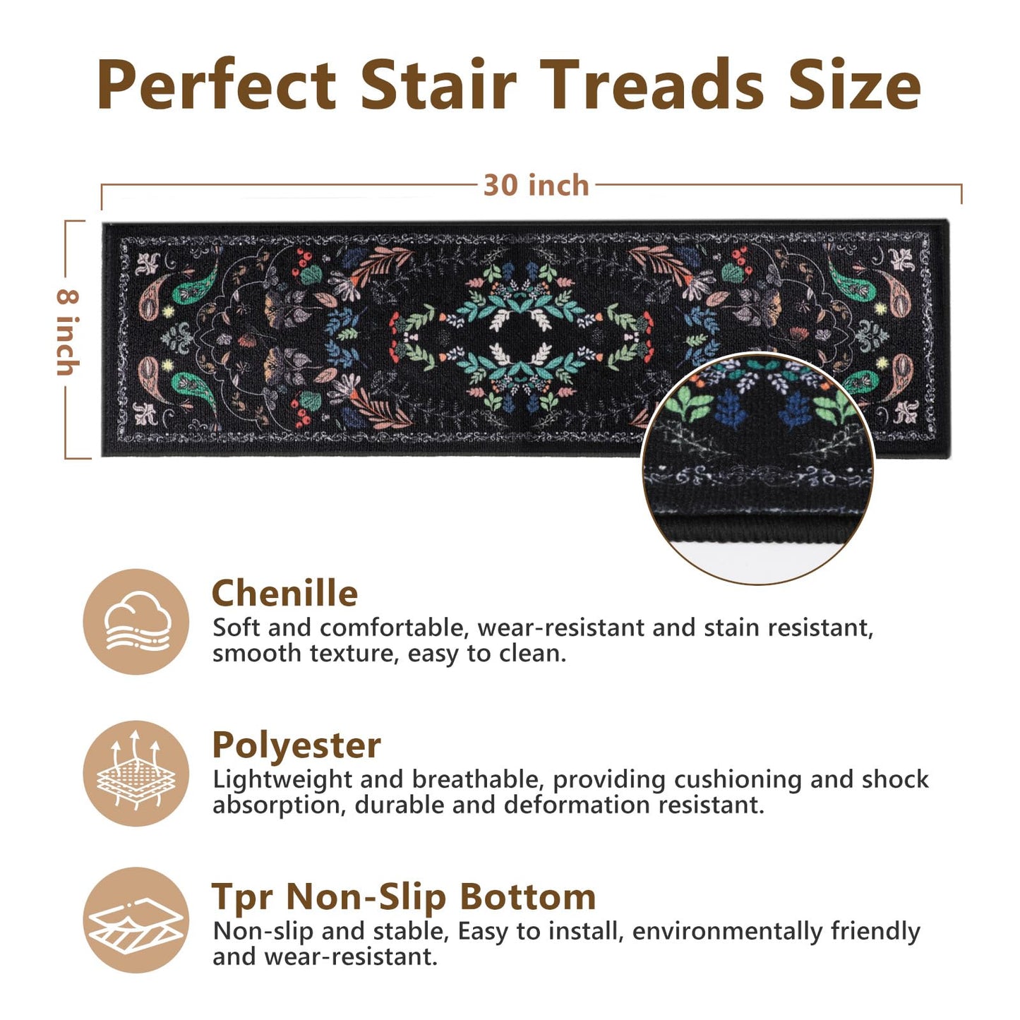 Retro Stair Treads Non Slip for Wooden Steps 15PCS 8"x30" Stair Carpet Treads TPR Backing Soft Stair Rugs Runner Washable Reusable Indoor Safety Stair Mats for Elders Kids Dogs Black