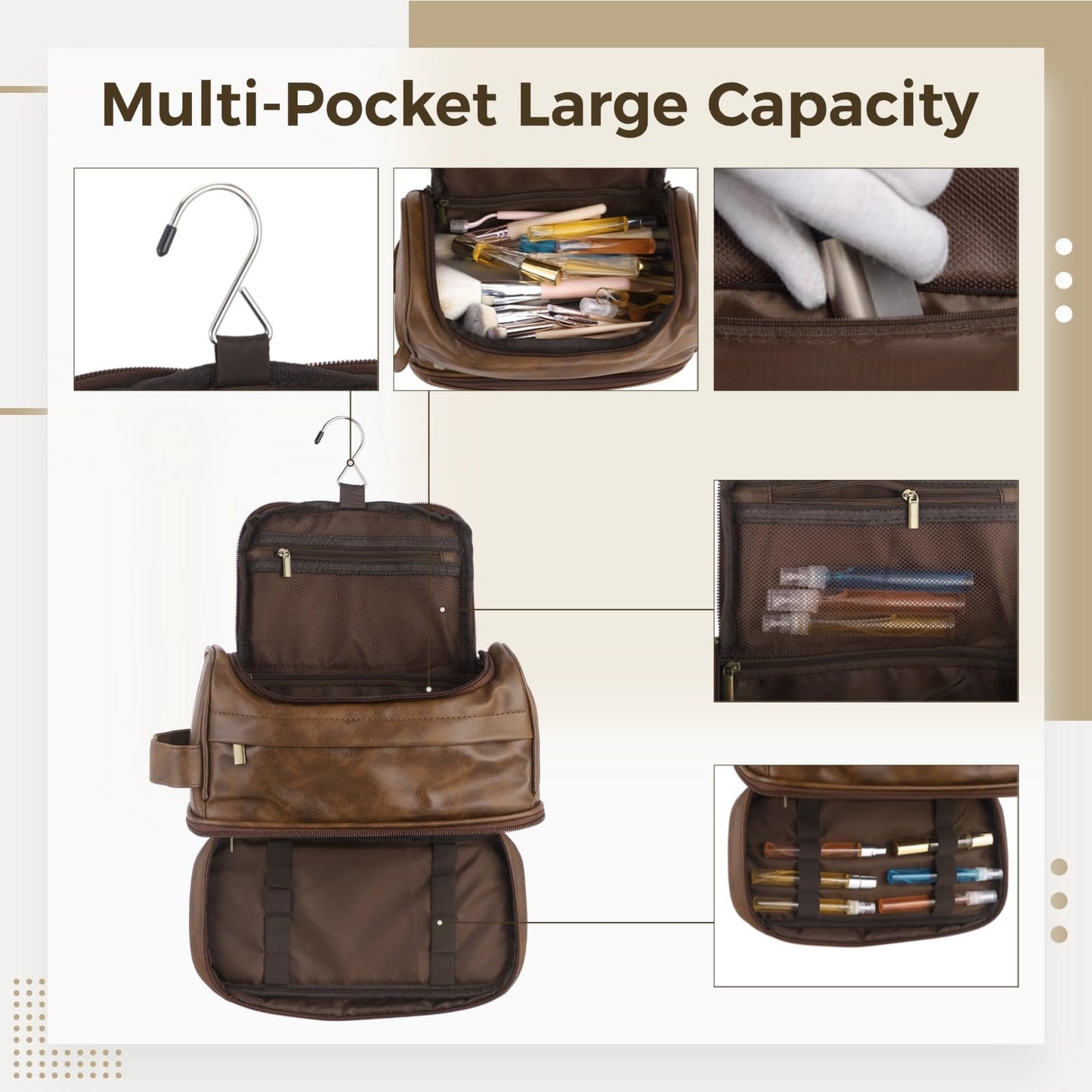 ZALIR Toiletry Bag for Men, PU Leather Waterproof Travel Kit with Hook, Multi-Compartment Shaving Organizer, Double Zipper Portable Cosmetic Bag for Business Trips