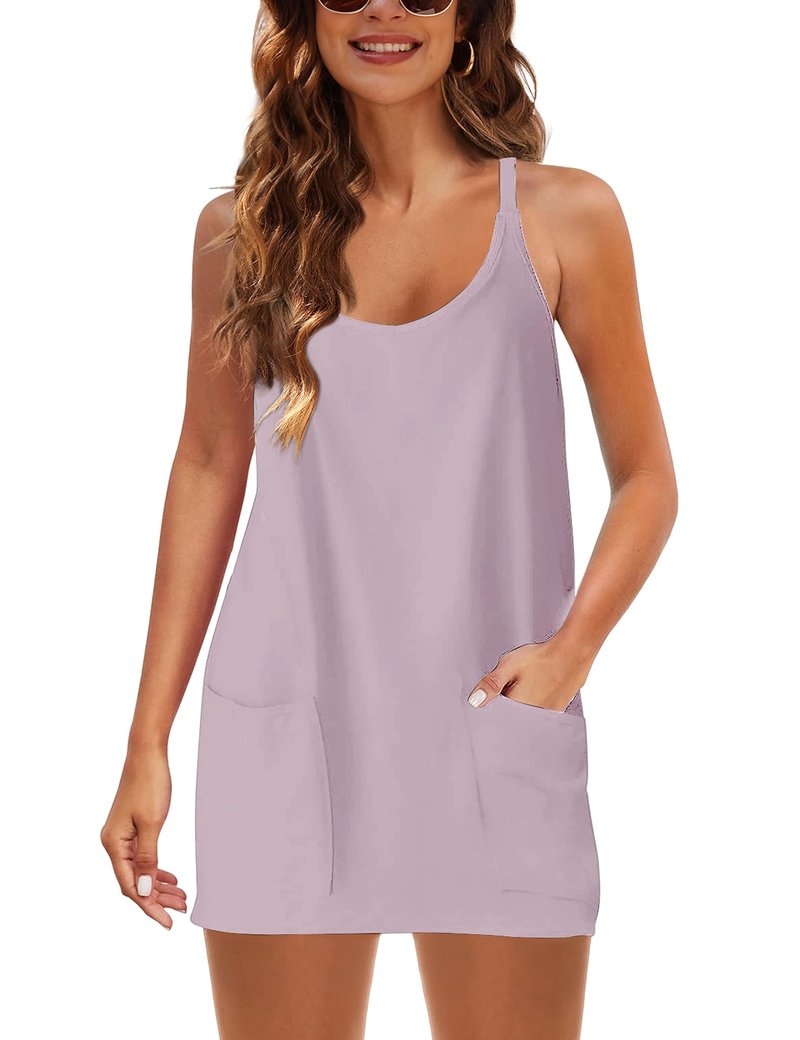 Lentta Womens Athletic Sleeveless Mini Dress with Built-in Shorts V Neck Sundress(Mauve-XXL)