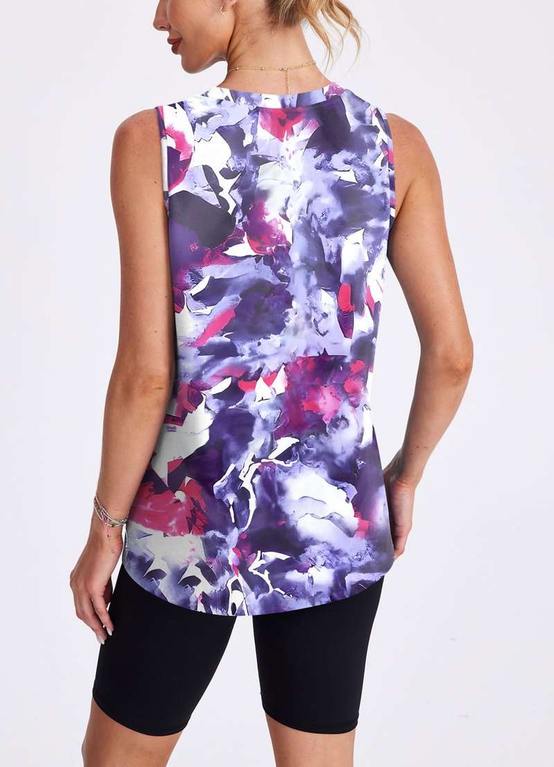 Fashion Tank Top for Women Yoga Sleeveless WorkoutTops High Neck Athletic Running Floral Shirts L