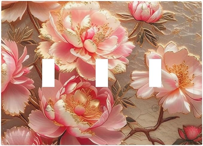 Pink Blooming Flowers Peonies Floral Light Switch Covers 3 Gang Triple Toggle Wall Plate Decorative Switch plate Electrical Faceplate for Farmhouse Living Decor