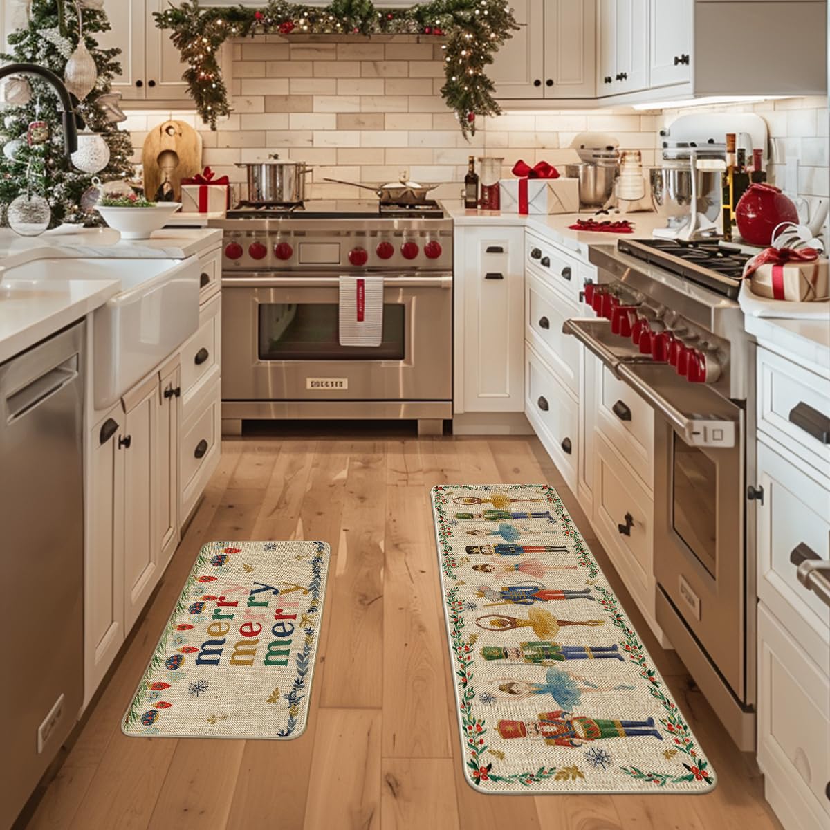 Artoid Mode Watercolor Nutcrackers Merry Christmas Decorative Kitchen Mats Set of 2, Home Party Low-Profile Kitchen Rugs - 17x29 and 17x47 Inch