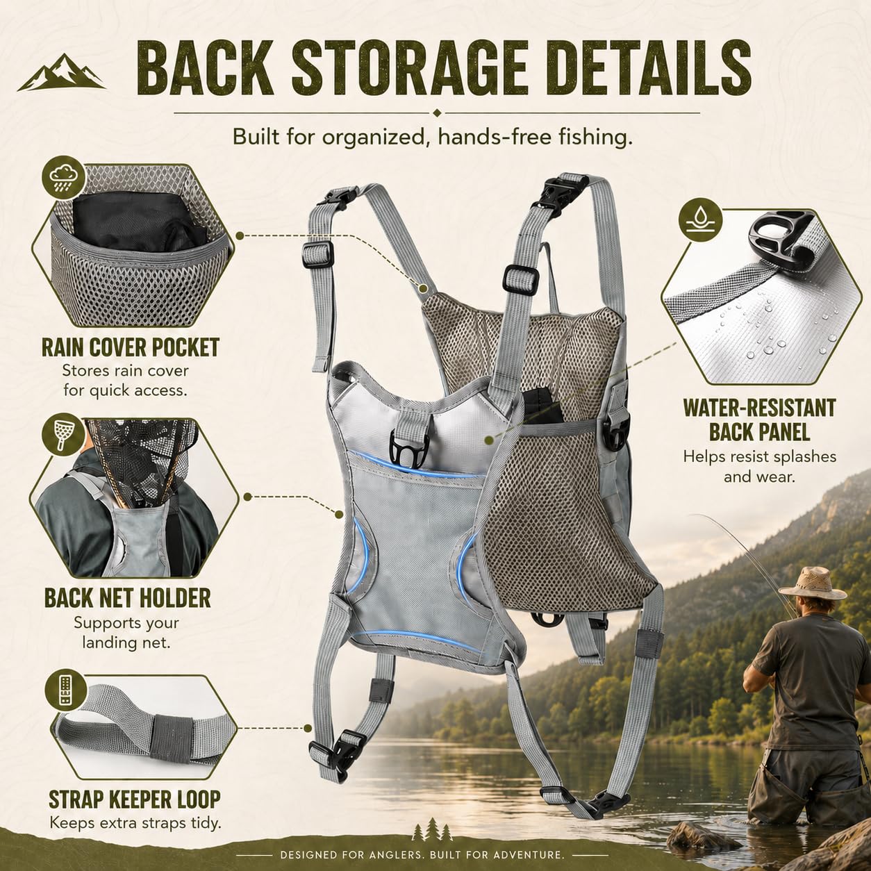 Qiullen Fly Fishing Chest Pack,Waterproof Tackle Bag with Zip-Down Workstation,Fly Box Storage,Net Holder,Adjustable Straps for Wading and Stream Fishing