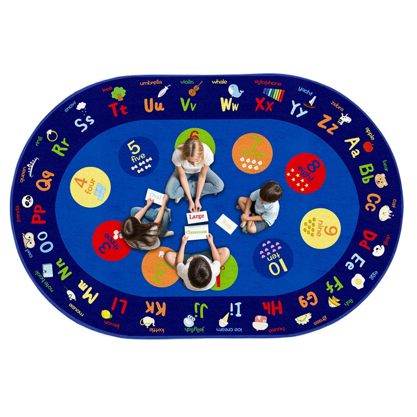 Large Oval Classroom Rug, 6×9Ft ABC Rugs for Kids Playroom, Education Classroom Circle Time Carpet Elementary for Learning Alphabet, Numbers, Words, Area Preschool Playmat for Daycare Kindergarten