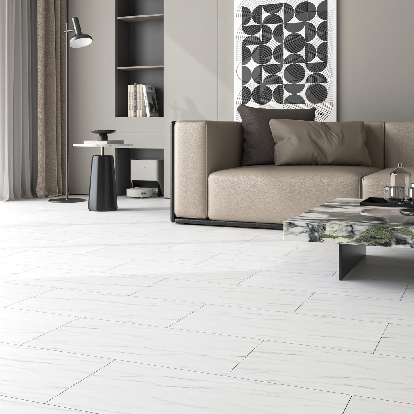 FunStick 12"x24" 15 Pcs White Marble Vinyl Flooring Peel and Stick Floor Tile Waterproof Removable Peel and Stick Flooring for Bathroom Stick on Floor Tiles for Kitchen Bedroom Laminate Sheets Walls
