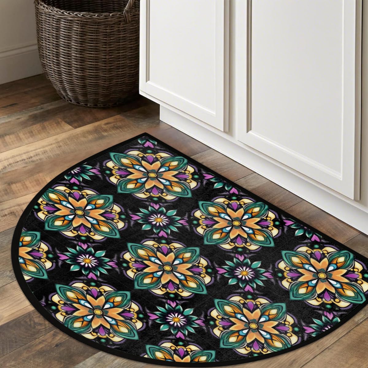 Half Round Door Mat Soft Non Slip Semi Circle Bath Rug with TPR Backing,Mexican Floral Tile Welcome Doormat Entryway Rugs for Front Door Living Room Bathroom,36x24IN