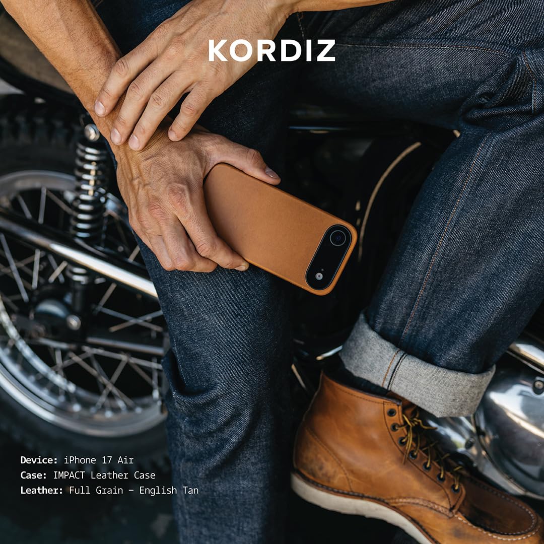 KORDIZ Impact Leather Case for iPhone 17 Air – Full-Grain Leather MagSafe Case with Camera Control Button – 360° Shockproof Bumper – Rugged Patina-Ready Protection – Slim Grip Cover (English Tan)