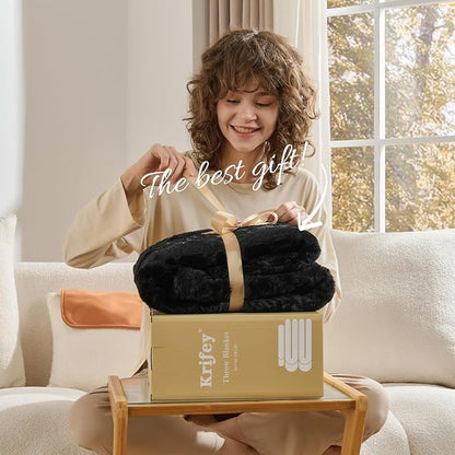 Krifey Black Faux Fur Throw Blanket for Couch Bed, 3D Marble Texture Soft Throws, Cozy Fuzzy Plush Thick Warm Blanket, Faux Rabbit Fleece, Christmas Birthday Gifts for Men Dad, Cool Black, 50x60in