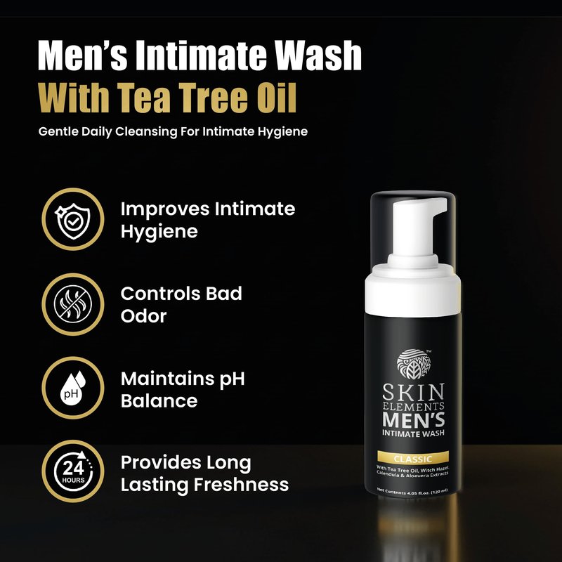 Skin Elements Intimate Wash for Men | pH Balanced Foaming Wash with Tea Tree Oil & Aloe Vera | Soothes, Refreshes & Maintains Hygiene | 4.05 fl. oz. |