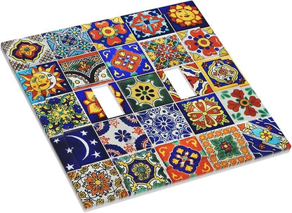 Traditional Colorful Talavera Mexican Spanish Moroccan Tiles Double Toggle Light Switch Cover Decorative 2 Gang Wall Plate Electrical Switchplate Faceplate for Bathroom Decorate Accessories