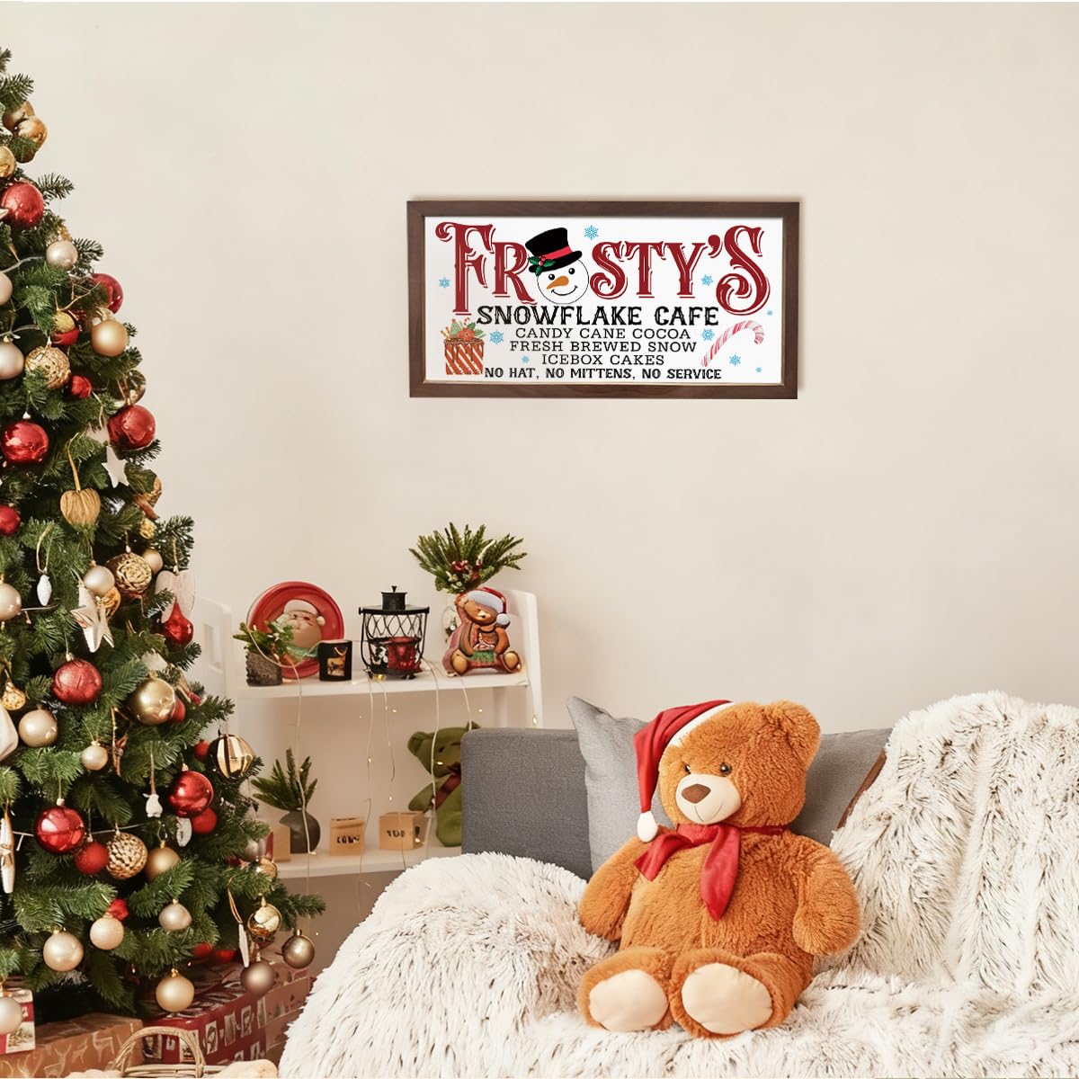 Christmas Decor Signs, Frosty's Snowflake Cafe Sign, Snowman Decor, Wall Decors Art, Winter Home Decoration, Coffee Station Decors, Cafe Decoration, Rustic Framed Wooden Plaque 15×7.5×0.3 inches