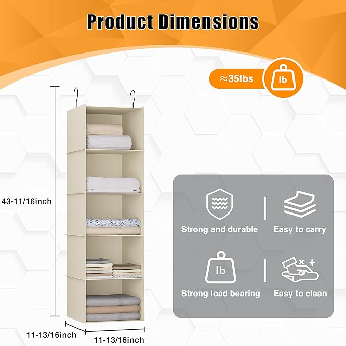 Hanging Closet Organizer, Easy Mount Foldable 5-Shelf Hanging Closet Wardrobe
