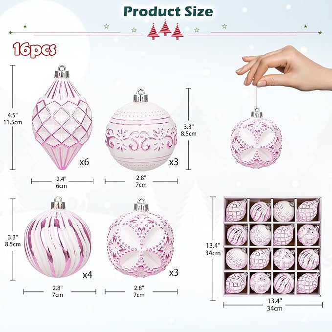16PCS Shatterproof Christmas Ball Ornaments Set, Hand-Painted Holiday Decor with Assorted Sizes & Designs for Christmas Tree Thanksgiving Party Decoration, Pink-White