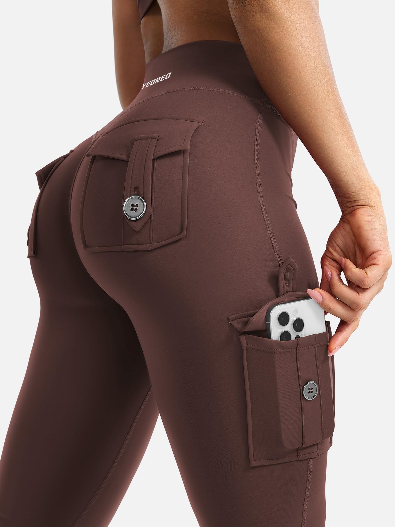 YEOREO CoreFlex Women Workout Flare Leggings with Pockets Hidden Scrunch Cargo Gym Yoga No Front Seam Leggings Chocolate XS