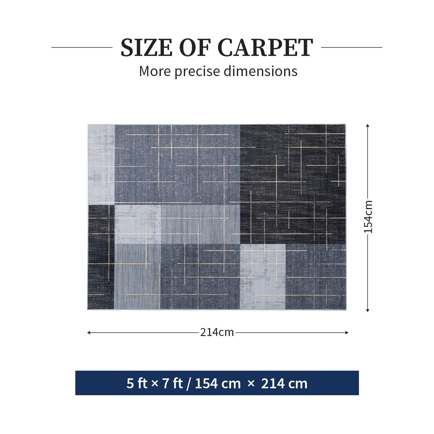 YIHOUSE 5x7 Geometric Checkered Abstract Modern Area Rugs for Living Room,Contemporary Washable Rugs with Gold Striped,Blue and Grey White Carpet for Bedroom Living Room
