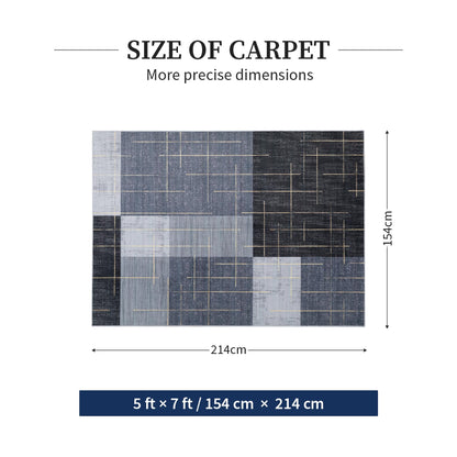 YIHOUSE 5x7 Geometric Checkered Abstract Modern Area Rugs for Living Room,Contemporary Washable Rugs with Gold Striped,Blue and Grey White Carpet for Bedroom Living Room