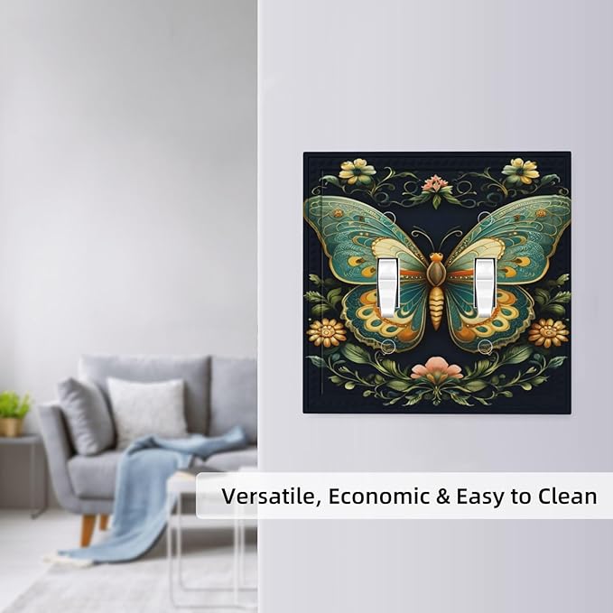 Butterfly Ornate with Flower Light Switch Covers Double Toggle 2 Gang Wall Plate Dual Decorative Switchplate Electrical Faceplate for Farmhouse Decor
