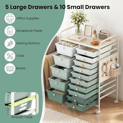 GOFLAME 15-Drawer Rolling Storage Cart with Pegboard, Craft Storage Cart with Lockable Wheels and Metal Frame, Art Cart Supply Storage Organizer for Home Office Classroom, Green Gradient