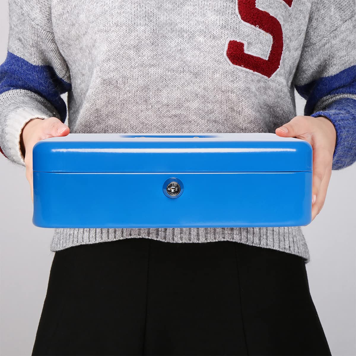 Parrency Cash Box with Key Lock，Durable Metal Cash Box with Money Tray，Lock Box Safe Storage Security Locker，Blue