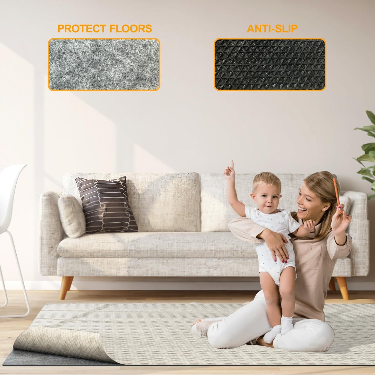 Non Slip Felt Rubber Rug Pad, Thick Felt Rug Pads for Hardwood Floors, Under Area Rugs Protective Cushion Pads for Carpet, Felt and Rubber Underpad for Home Place Surface Safe (Grey, 3' x 10')