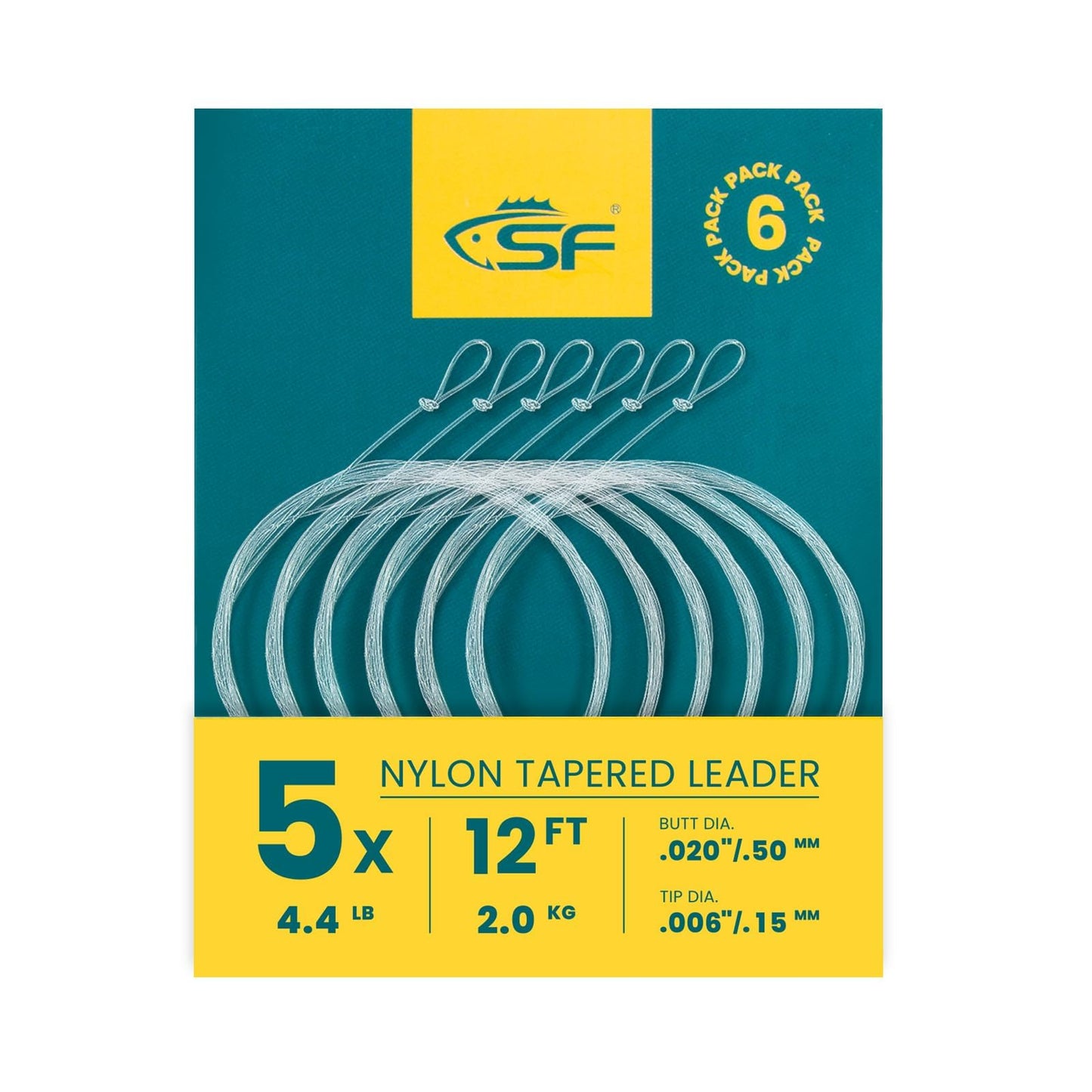 SF 6PCS Pre Tied Loop Fly Tapered Leader Nylon Fly Fishing Trout Leader Line 12FT-5X