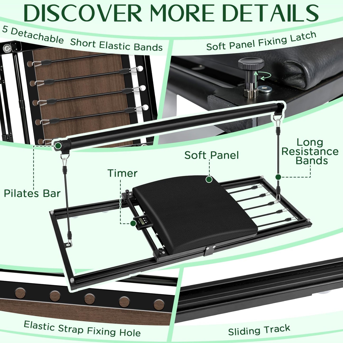 Pilates Board, Foldable Pilates Reformer Set, Multi-Purpose Iron Extended Pilate Equipment, 7-in-1 Pilate Machines for Home Use, with Pilates Bar, Resistance Bands
