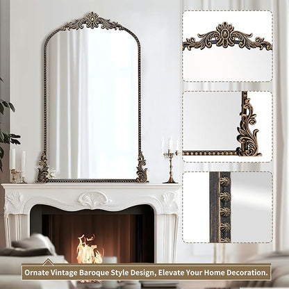 Growsun Vintage Black Arched Mirror, 24’’x42’’ Antique Baroque Ornate Wall Mirror Decor with Full Metal Frame for Fireplace/Entryway/Living Room/Bathroom