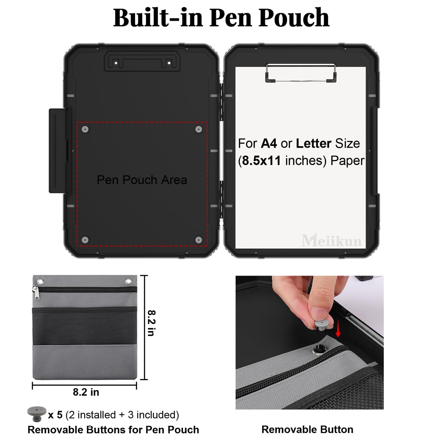 Meiikun Clipboard with Storage, Rugged Shockproof Protective, Internal Pen Pouch & Metal Clip, Heavy Duty Plastic Clip Boards 8.5x11, High Capacity Contractor Folder for School Office (Black)