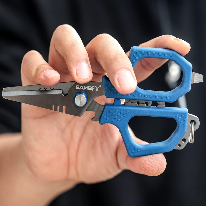 SAMSFX 6.5" Pro Fishing Shears Dual Serrated Blades, Fishing Braided Line Scissors with Titanium Coating, Non-Slip Grip & Multifunction Tool, Includes Hard Molded Locking Sheath & Coiled Lanyard