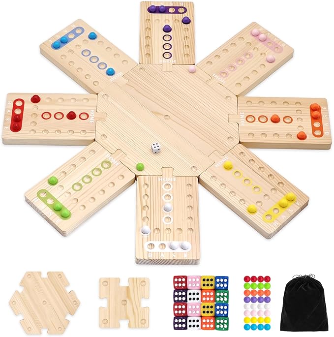 Wooden Board Game The Wooden Board Can Provide a Gaming Experience for 2 to 8 Players Featuring 3 Central Hubs 32 Marbles and 16 Dice. It is Suitable for Family and Friend Gatherings Board Games