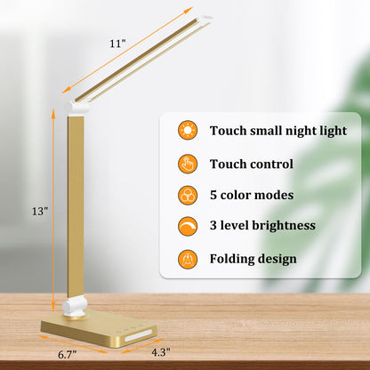 LED Desk Lamp with USB Ports,Touch Desk Lamps for Home Office with 5 Color Modes,3 Brightness Desk Light with Small Night Light,Reading Lamp Table Lamp for Bedroom Bedside Study Black （with adapter）