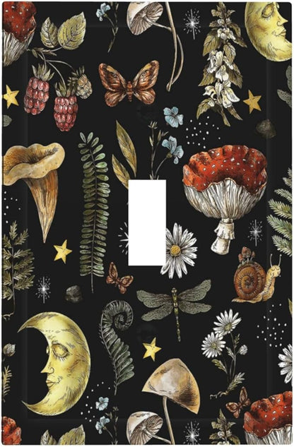 Nature Plant Botanical Daisy Mushroom Snails And Moon Single Toggle Light Switch Plates Cover Decorative 1 Gang Wall Plate Electrica Faceplate for Bathroom Bedroom Decorate Accessories