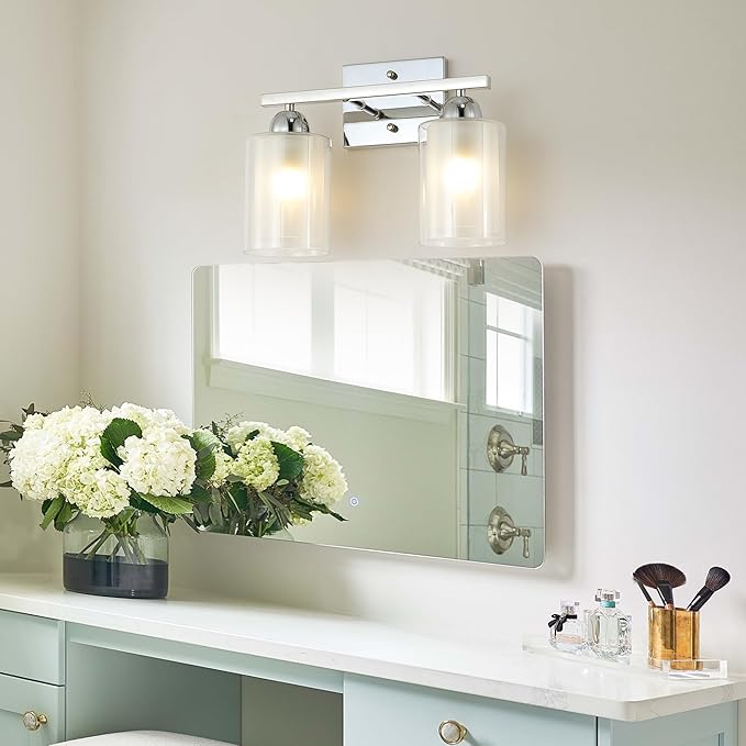 Stainless Steel Bathroom Vanity Light Over Mirror, 2 Light Polished Chrome Bathroom Light Fixtures with Milk Glass and Clear Glass Shades, Modern Vanity Lighting Wall Mount